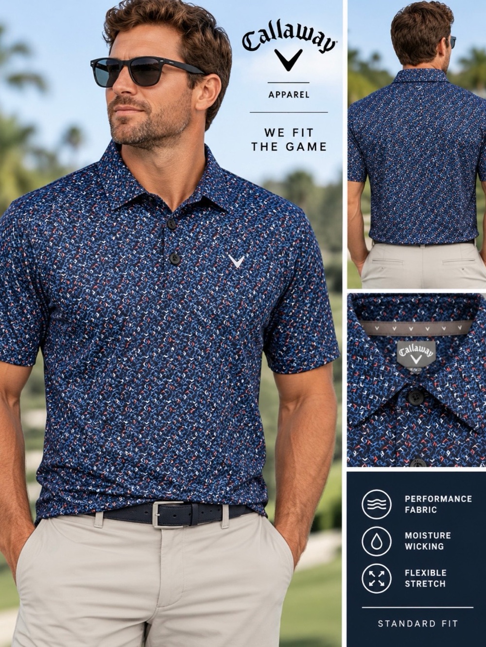 Callaway Men's Navy Patterned Golf Polo with Red & White Accents